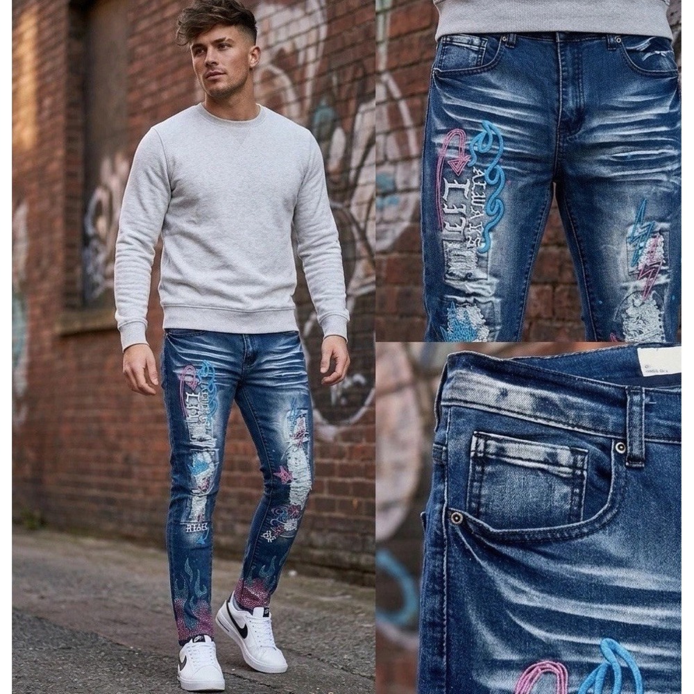 Rebel Mens Y2K Skinny Jeans 32x31 Streetwear Flame Embroidered Distressed Denim